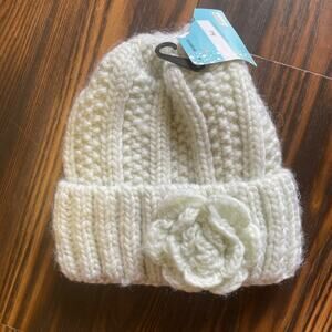 NWT Faux Fur Lined Woven Knit Hat w/Knit Flower on Band